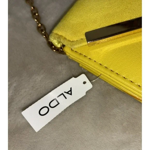 Aldo Envelope Clutch/ Shoulder Bag Yellow Satin Faux Leather Chain Gold NEW - Picture 10 of 16